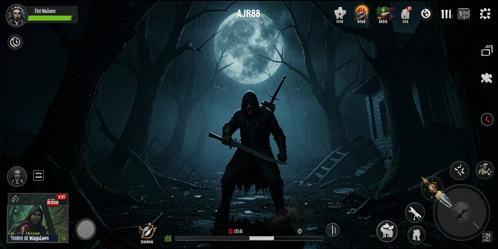 Tampilan gameplay menegangkan dalam AJR88 yang penuh dengan kegelapan.