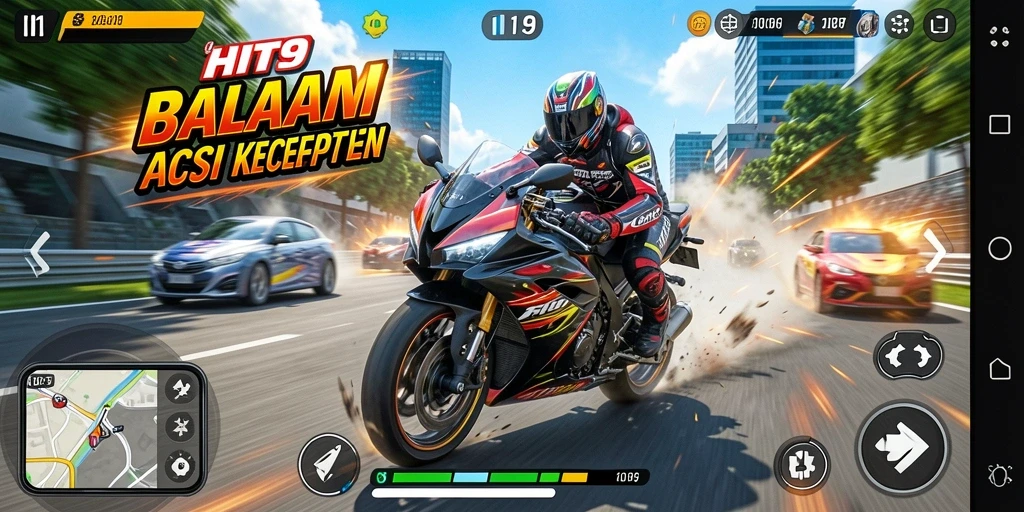 Tampilan gameplay HIT9 dengan aksi balapan motor yang mendebarkan.
