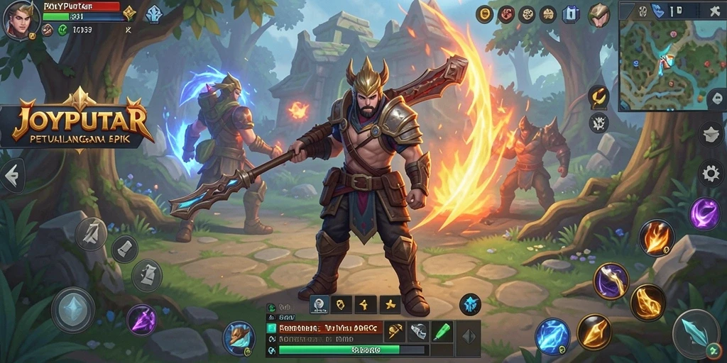 Tampilan layar gameplay dinamis di JOYPUTAR dengan pertempuran epik.