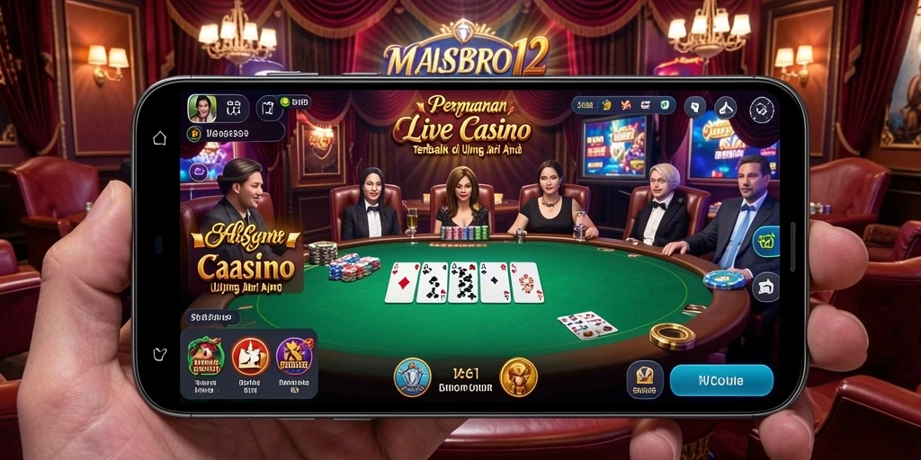 Screenshot gameplay MASBRO12 dengan dealer langsung dan interaksi pemain.