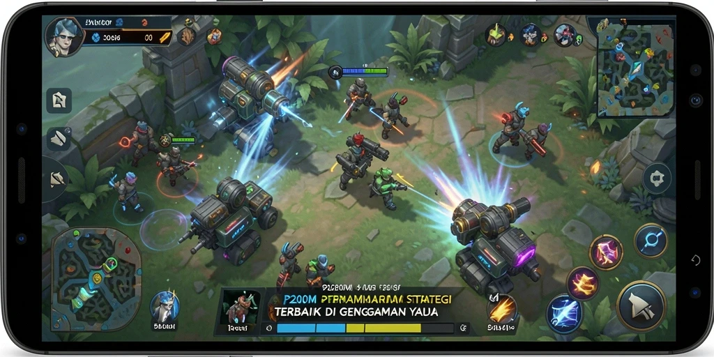 Tangkapan layar utama P200M menampilkan aksi pertempuran yang mendebarkan dan strategi yang intens.
