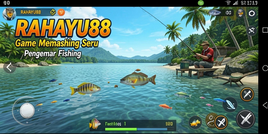 Tampilan gameplay RAHAYU88 yang menarik saat memancing di danau.