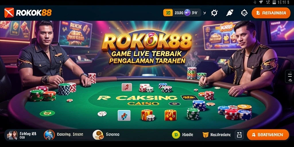 Screenshot gameplay ROKOK88 dengan dealer langsung dan suasana kasino nyata.