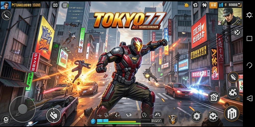 Screenshot gameplay action menampilkan pertarungan seru di Tokyo.