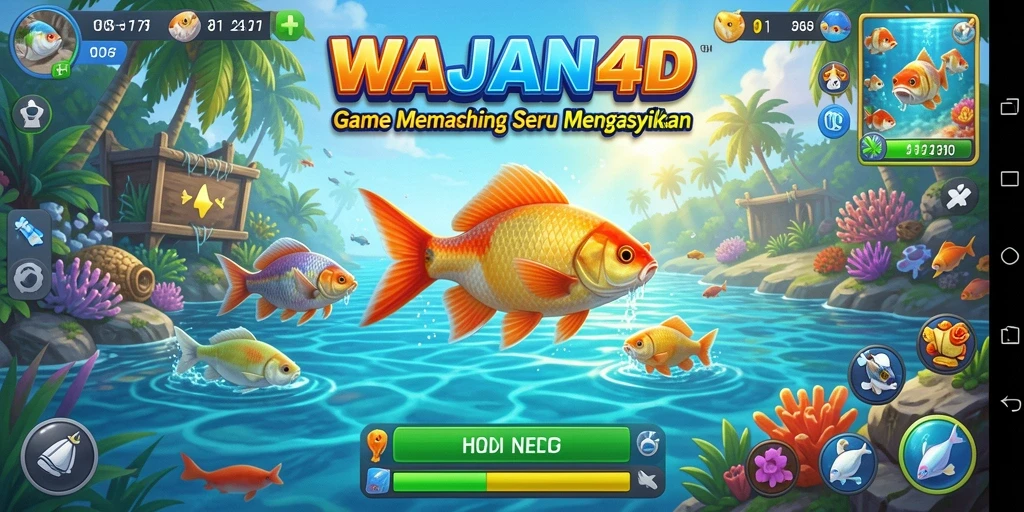 Screenshot gameplay WAJAN4D menunjukkan aksi memancing yang mendebarkan.
